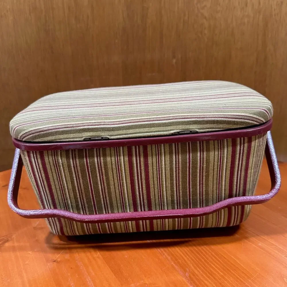 Vintage Striped Fabric Covered Sewing Box/Tote with Lining and Tray